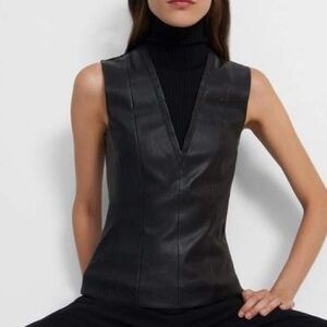 Theory Black Urban Leather and Ribbed Knit Sleeveless Mock Neck Top S